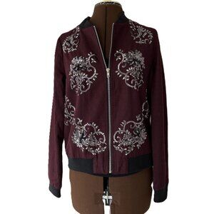 Maroon Wool Blend Sequin Trimmed Bomber Jacket